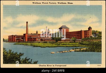 Waltham Watch Factory, Waltham, Mass. Charles River im Vordergrund, Fabriken, Uhrenindustrie, Waltham Watch Company. Waltham Room Kollektion Stockfoto