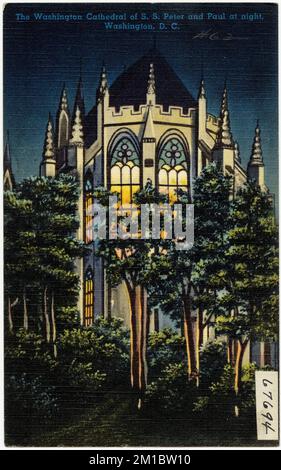 Die Washington Cathedral of S. S. Peter and Paul at Night, Washington, D.C., Kirchen, Tichnor Brothers Collection, Postkarten der Vereinigten Staaten Stockfoto