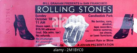 San Francisco, Kalifornien - 18. Oktober 1981 - Alter Kartenabschnitt für das Rolling Stones-Konzert im Candlestick Park Stockfoto