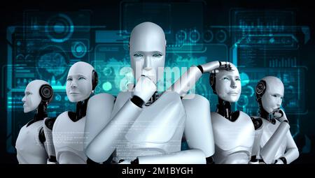 3D Rendering der Roboter-Hominoidgruppe im Konzept der zukünftigen künstlichen Intelligenz und 4. vierte industrielle Revolution . Stockfoto