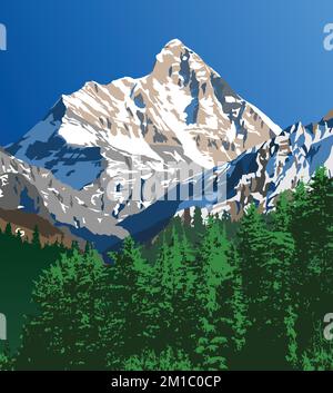 Mount Nanda Devi und Woodland Vector Illustration, einer der besten Berge im indischen Himalaya, gesehen von Joshimath Auli, Uttarakhand, Indien, Indian Hi Stock Vektor