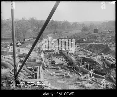 Weston Aqueduct, Section 1, Channel below Sudbury Dam, Southborough, Mass., 3. November 1902, Wasserwerke, Aquädukte, Baustellen Stockfoto