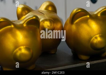 Geldmünze zu Goldschwein, um Geld zu sparen, Reichtum und Finanzkonzept. lateinamerika Stockfoto