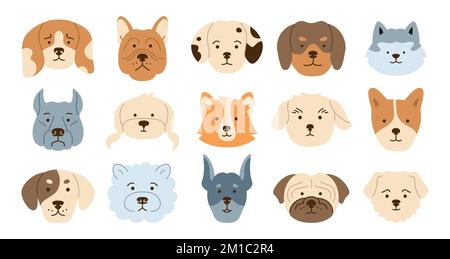 Der Hund sieht den Zeichensatz mit Emotionen. Süßes Welpen-Kawaii-Kopf-Mündungskritzelsymbol. Lächelnder lustiger, kindischer Hund, Baby-Comic, flacher Aufkleber. Druckvorlage für Kinderkarte, Poster, Deckblatt Stock Vektor