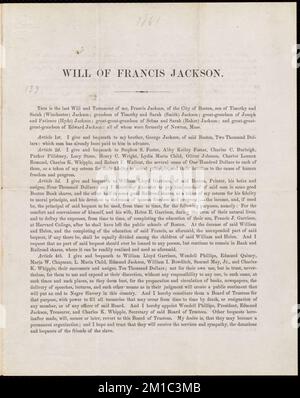 Wille von Francis Jackson, Antisklaverei-Bewegungen, Vereinigte Staaten, Geschichte, 19.. Jahrhundert, Abolitionisten, USA, 19.. Jahrhundert, Korrespondenz, Frauen, Wahlrecht, Vereinigte Staaten, Geschichte, 19.. Jahrhundert, Antisklaverei-Bewegungen, Vereinigte Staaten, Abolitionisten, Vereinigte Staaten, Geschichte, 19.. Jahrhundert, Frauen, Wahlrecht, USA, Geschichte, Frauenrechte, USA, Geschichte, 19.. Jahrhundert, Garrison, William Lloyd, 1805-1879, Phillips, Wendell, 1811-1884, Liberator Boston, Masse 1831 Stockfoto