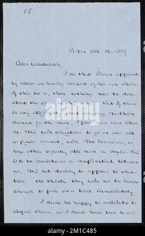 William Ingersoll Bowditch Autogrammbrief unterzeichnet an Thomas Wentworth Higginson, Boston, 26. Oktober 1859 , Abolitionists, United States, Anti-Sklaverei-Bewegungen, United States, History, 19. Century, Harpers Ferry W.A., History, John Brown's RAID, 1859, Brown, John, 1800-1859, Ellis, Charles M. Charles Mayo, 1818-1878. John Brown. Korrespondenz über John Brown und den Überfall auf Harpers Ferry Stockfoto