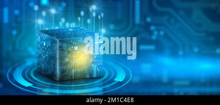 Cube-Technologie auf konvergierenden Punkt der Schaltung mit abstraktem blauen Hintergrund. Blockchain-Netzwerksystem. Verarbeitung von Big Data Storage, Cloud-Daten. Stockfoto