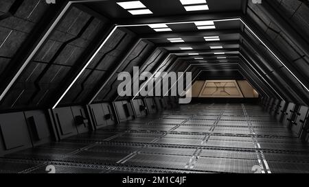 Innen Raumschiff oder Raumstation Innenraum, Sci-Fi Tunnel, Korridor mit leerem Raum Hintergrund, 3D Rendering Stockfoto