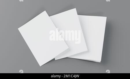 Unbeschriftetes Papier A4 Flyer Postkartenbroschüre, halb gefaltete zweifalige Mockup Schablone Textur, 3D Rendering. Stockfoto