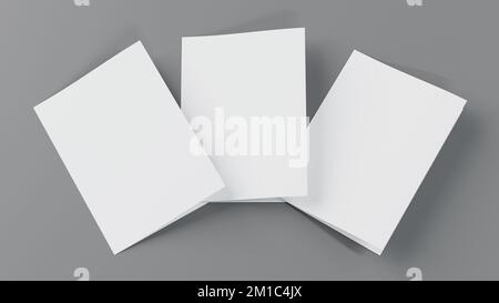 Unbeschriftetes Papier A4 Flyer Postkartenbroschüre, halb gefaltete zweifalige Mockup Schablone Textur, 3D Rendering. Stockfoto