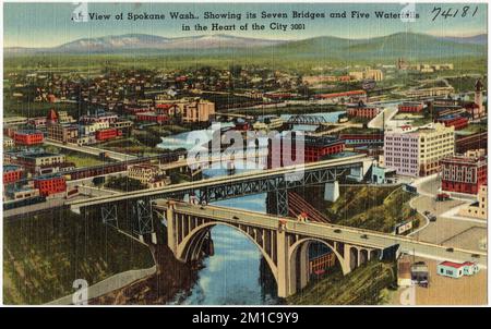 Spokane Washington aus der Luft mit seinen sieben Brücken und fünf Wasserfällen im Herzen der Stadt, Städte und Städte, Brücken, Tichnor Brothers Collection, Postkarten der Vereinigten Staaten Stockfoto