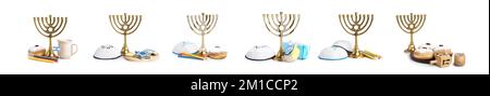 Collage von Hannukah Menorah und Symbole auf weißem Hintergrund Stockfoto