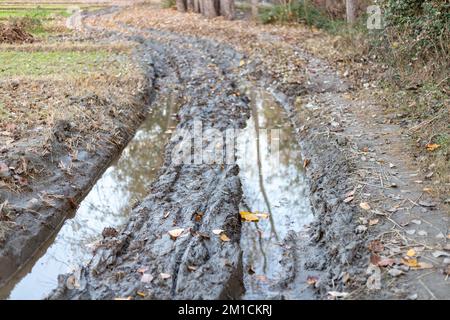 Off-Road-Strecke in einer Landschaft mit schlammigen Straßen in der Landschaft Pakistans Stockfoto