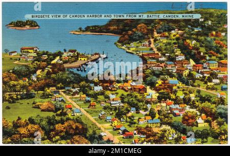 Vogelperspektive auf den Hafen von Camden und die Stadt vom Mt. Battie, Camden, Maine, Städte und Gemeinden, Häfen, Tichnor Brothers Collection, Postkarten der Vereinigten Staaten Stockfoto