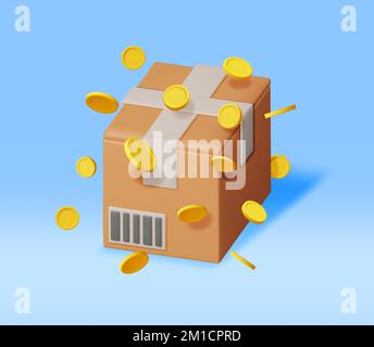 3D Karton mit Goldmünzen Stock Vektor