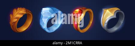Fantasy-Ringe, Zauberschmuck für Hexen oder Zauberer. Spielfiguren aus Holz, Silber, Eis und Gold mit Eichenblättern und feurigem Auge auf dem Hintergrund, Stock Vektor