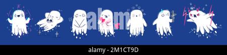 Süße Geister Cartoon Halloween-Charaktere. Lustige Geistergefühle. Gruselige Geister, lächeln, schlafen, vor Wut verängstigen. Ein liebenswerter Fantasiemensch Stock Vektor