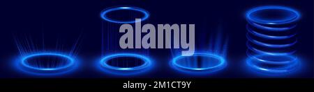 Hologrammeffekt kreisförmiger digitaler Portale mit blauem Neonlicht. Futuristische Podien, Teleportplattformen mit Glüh und Glitzer isoliert auf schwarzem Backgr Stock Vektor