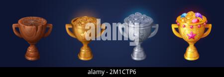 Sortieren Sie Trophäen, Gold, Silber, Bronze und Holzbecher mit Geld und Edelsteinen. Gewinner für verschiedene Plätze im Spiel. Leere Holzbecher und Metallbecher Stock Vektor