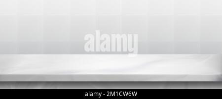 Arbeitsfläche aus weißem Marmor und geflieste Wand. Leeres Regal im Badezimmer, Küchentisch mit Steintextur und Mosaik im Hintergrund, vektorrealistisch Stock Vektor