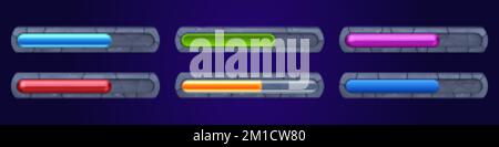 Fortschrittsbalken, Statusbanner zum Herunterladen oder Hochladen. UI-Elemente für Spiel- oder Web-Oberfläche, Fortschrittsanzeige mit Farbbalken im Rahmen aus zerrissenen Steinen, Stock Vektor