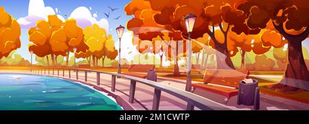 Herbstkai im Stadtpark mit Blick auf die umzäunte Flussbucht, Holzbänke, Orangen- und Gelbbäume, Abfalleimer und Straßenlampen. Böschung Stock Vektor
