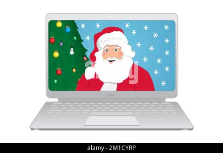 Der Weihnachtsmann am Laptop. Der alte klassische Weihnachtsmann mit Weihnachtsbaum im Hintergrund. Isoliert auf weiß. Vektordarstellung. Stock Vektor