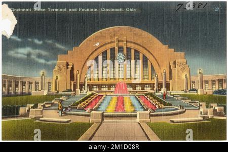 Cincinnati Union Terminal and Fountain, Cincinnati, Ohio , Bahnhöfe, Tichnor Brothers Collection, Postkarten der Vereinigten Staaten Stockfoto