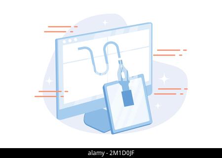 Bearbeitbare Zeichnungen erstellen. Grafiktablett, Computerdesign, webdesign. Professionelles, modernes Gerät für digitale Künstler isolierter flacher Clipart. Flachvec Stock Vektor