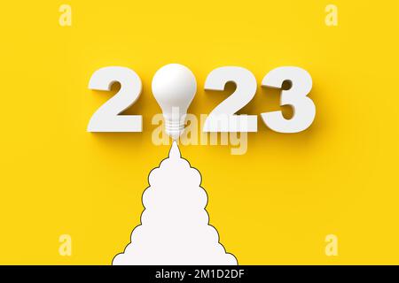 Kreative Geschäftsideen, Inspiration, Innovation und Kreativitätskonzept für das neue Jahr 2023. Neugründungen oder Erfolgsziele. Raketenlampe an Stockfoto