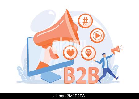 B2B-Marketing. Geschäftliche Zusammenarbeit, SMM, Internet-Benachrichtigung. Flaches Designelement für Online-Werbekampagne. Werbung in sozialen Netzwerken. Flachvec Stock Vektor