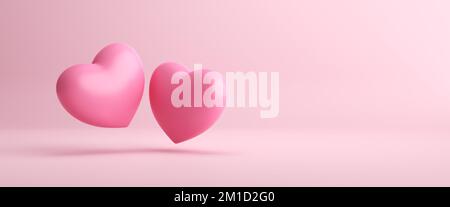 Rosa Herzen schwebend auf rosa Hintergrund. Minimales Valentinstag-Konzept mit Kopierraum. 3D-Rendering. Stockfoto
