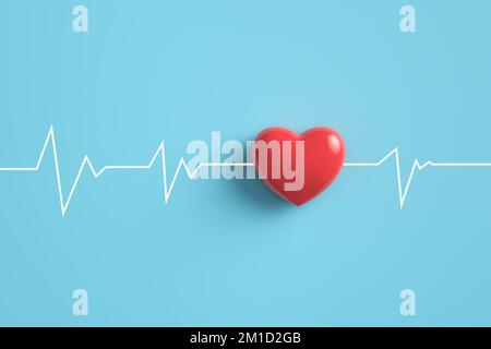 EKG-Pulskurve mit rotem Herz auf pastellblauem Hintergrund. 3D-Rendering. Stockfoto