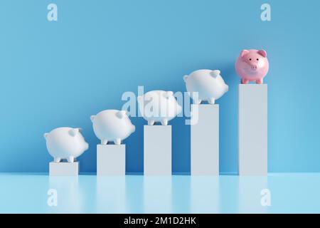 Wachstumskonzept für Einsparungen. Sparschweine auf aufsteigenden Diagrammplattformen. 3D-Rendering. Stockfoto