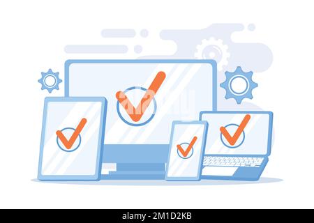 Plattformübergreifende Geräte. Verbindung über mehrere Plattformen, Synchronisierung von Gadgets, adaptive Entwicklung. Verbundener Computer, Laptop, Tablet und Smartphone. Flach Stock Vektor