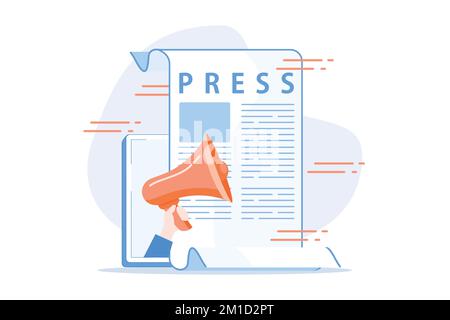 Massenmedien, Pressemitteilung. Zeitungsverlage, Tagesnachrichten, Propagandaidee. Boulevardblatt mit Schlagzeile. Reportage, Journalismus-Design-Element. Flacher Vektor Stock Vektor
