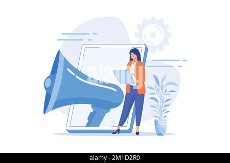 Social Media Marketing. Kampagne zur Publikumsanziehung, Werbegeschäft, öffentliche Bekanntgabe. Internet Influencer mit Megaphon Cartoon-Charakter. Stock Vektor