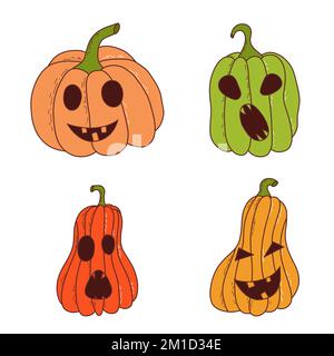 Kürbis in verschiedenen Formen und Farben mit lustigen Gesichtern. Halloween-Elemente. Vektordarstellung im handgezeichneten Stil Stock Vektor