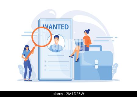 Moderne Stellensuche. Personaleinstellung, Online-Rekrutierung, freiberuflicher Beruf. Bewerber studiert Hilfe gesucht Poster. Freiberufler, der nach Befehlen sucht. Flach Stock Vektor