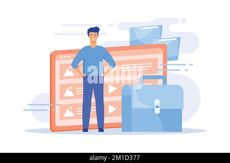 Portfolioverwaltung. Beispiele früherer Projekte, Works-Katalog, Präsentation der Fähigkeiten. Erfolgreicher Grafikdesigner, Web-Entwickler-Cartoon-Figur. fla Stock Vektor