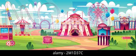 Vergnügungspark, Karneval, Jahrmarkt mit Zirkuszelt, Achterbahn, Karussell und Riesenrad, Spiegelsaal und Ticketschalter. Sommerszene mit Attraktionen und Ballons, Cartoon-Vektordarstellung Stock Vektor