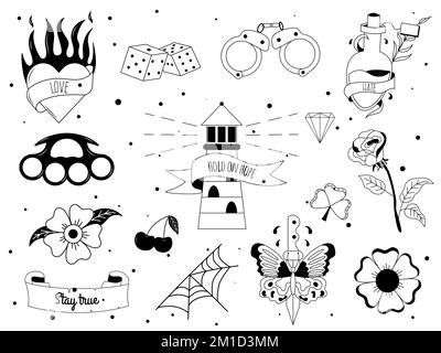 Tattoo-Set im stil Y2K, 1990s, 2000s. EMO Goth Element Design mit flammenden Herzen, Messer, Rose, Blume, Schmetterling, Feuer, Schädel. Old School Tattoo. Stock Vektor