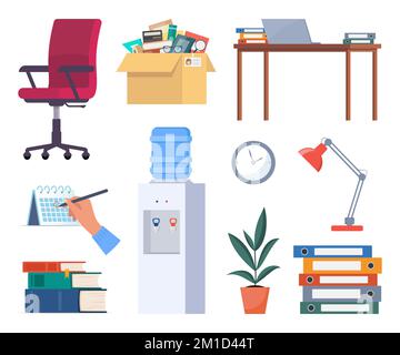 Heimbüro-Elemente und -Geräte mit pc-Laptop mit Papierstapel und -Ordnern sowie Kaffeebecher und Pflanzen Stock Vektor