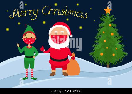 Konzeptionelle Neujahrskarte. Weihnachtsmann und Weihnachtself in Gesichtsmasken. Vektordarstellung. Stock Vektor