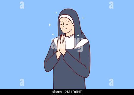 Positive Frau in Kleidung einer katholischen Nonne, die die Augen schließt und Gott um Hilfe oder Rat bittet. Ein betendes Mädchen mit Handflächen vor der Brust führt ein religiöses Ritual durch. Abbildung eines flachen Vektors Stock Vektor