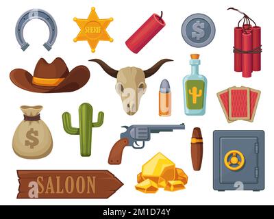 Zeichentrickfilme aus dem Wilden Westen. Cowboy Cactus Rodeo Sattel Lasso Gitarre Schlange Tequila Hufeisen flacher Stil mit flachen westlichen Elementen. Farbenfrohes Vektor-Set Stock Vektor
