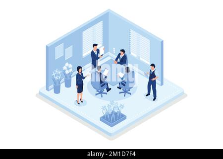 Geschäftsleute in der Zusammenarbeit. Geschäftsmann und Geschäftsfrau, die im Open Space Office arbeiten, diskutieren und sich treffen. Kollegen und Freel Stock Vektor