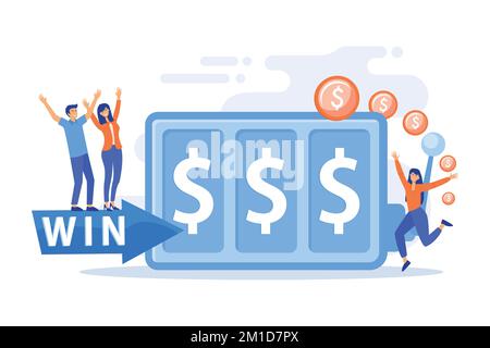 Glückspilze, winzige Leute, die an Spielautomaten mit Dollarzeichen spielen und Geld gewinnen. Spielautomat, Gewinner des Geldspiels, Jackpot-Gewinnkonzept. Flacher Vektormoder Stock Vektor