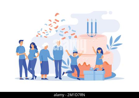 Eltern, Großeltern und Kinder mit Geschenken auf einem großen Kuchen mit feiernden, winzigen Menschen. Familientradition, Familientreffen, Heimparty-Konzept. Flach Stock Vektor
