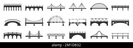 Silhouette der Brücke. Abstrakte Fußgängerbrücken mit Metallbalken aus Stein, industrielle urbane Architektur mit schwarzen Ikonen. Vektor isoliertes Set Stock Vektor